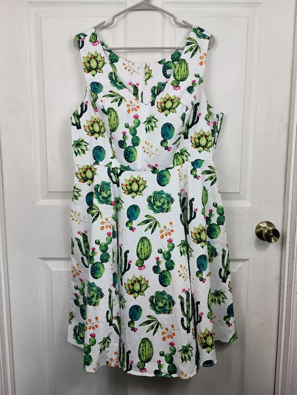 Eva Rose Dress XL White Green Cactus Southwestern Swing Pin Up Retro Pckts USA